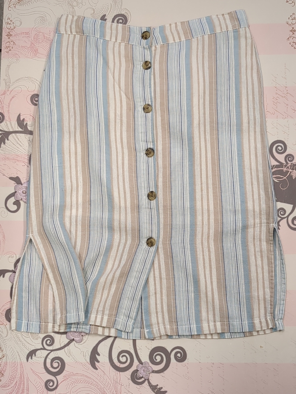Button-Front Midi Skirt in Blue and Tan Stripes